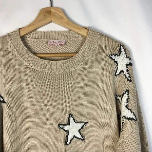 Pink Lily Beige Star‎ Print Crewneck Pullover Sweater M - Image 3