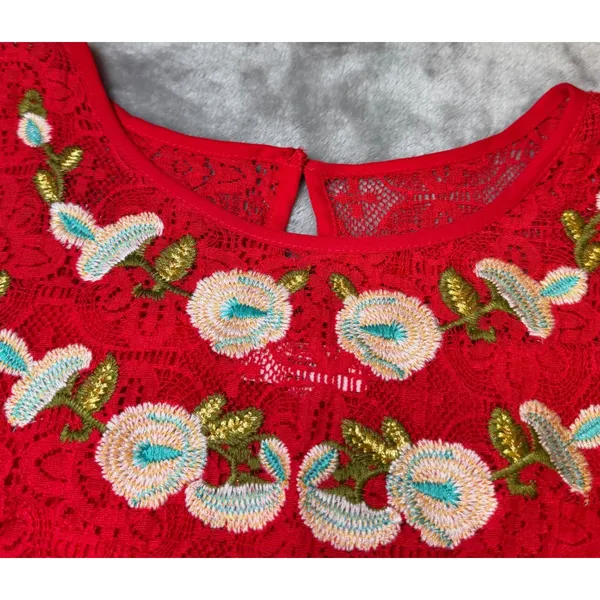 Entro Womens SIze Large Red Lace Tank Top Embroidered Floral Neck Keyhole Boho - Image 6
