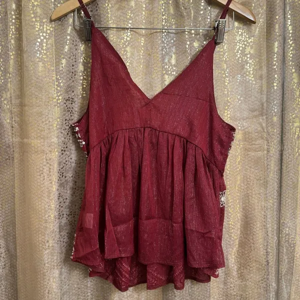 LC collection Burgundy Beaded Sequin Sheer Chiffon Cami Tank Top S NWT - Image 2