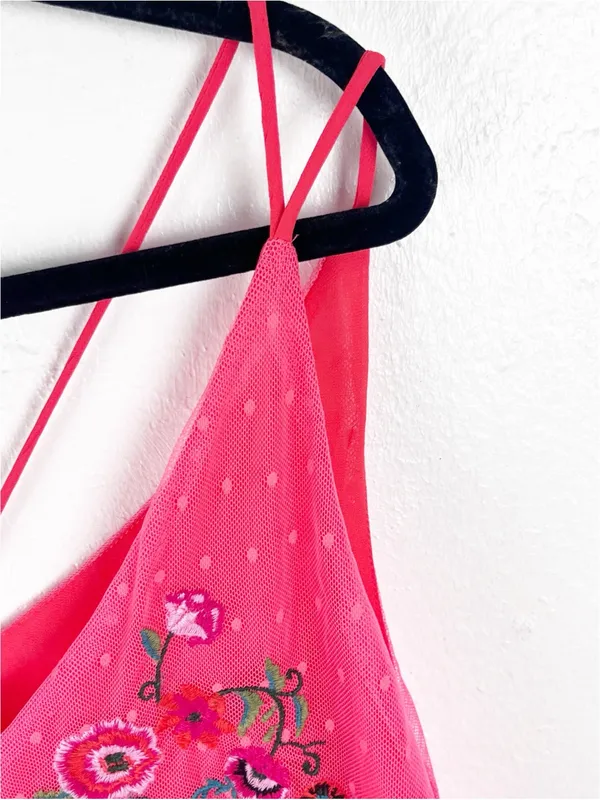 UMGEE Pink Swiss Dots Floral Strappy Lace Trim Top Large Boho Festival Concert - Image 7