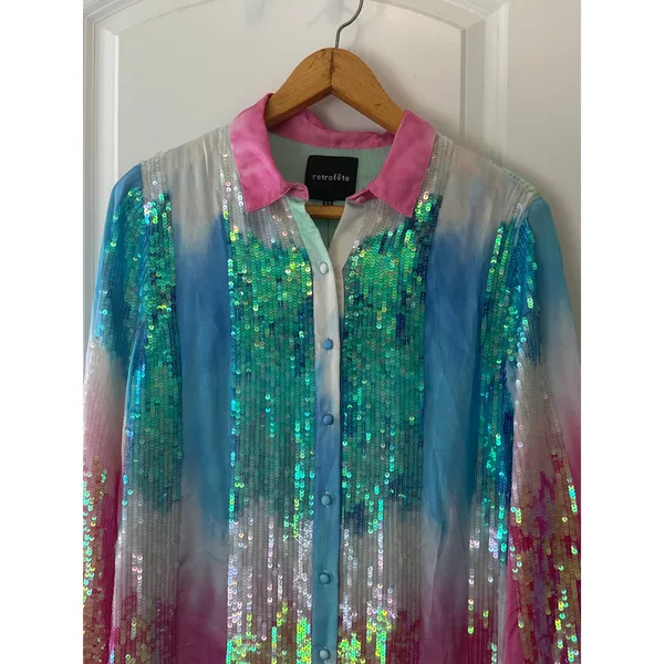 Retrofête Pastel Rainbow Sequin Dessa Maxi Dress‎ XS Long Sleeve Button Front - Image 7