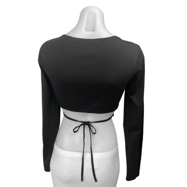 Superdown Womens Black Long Sleeve Deep V-Neck Stretch Tie Waist Crop Top Size S - Image 2