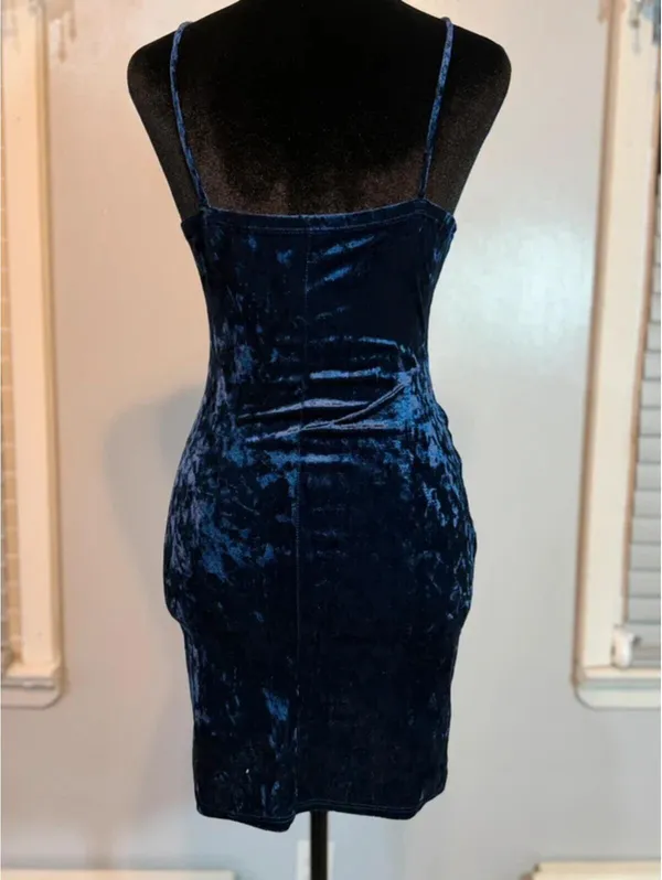 Windsor Navy Blue Velvet Bodycon Dress Ruched Wrap Mini Spaghetti Strap Deep V Cocktail - Image 3