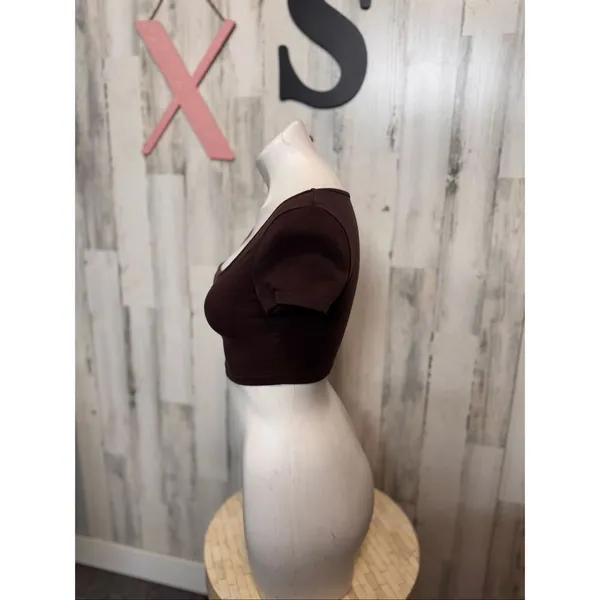 Brown Crop Top XS Square Neck Short Sleeve Fitted Stretch Basic Brown - Image 3