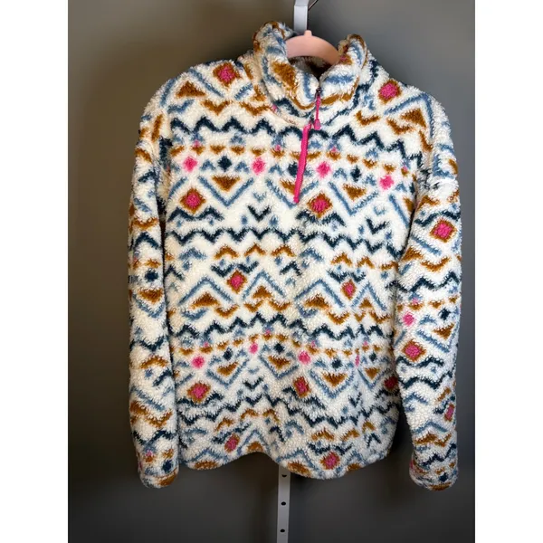 Eddie Bauer Aztec Print Fuzzy 1/4 Zip Fleece Pullover L Cozy Cabincore Southwest - Image 3