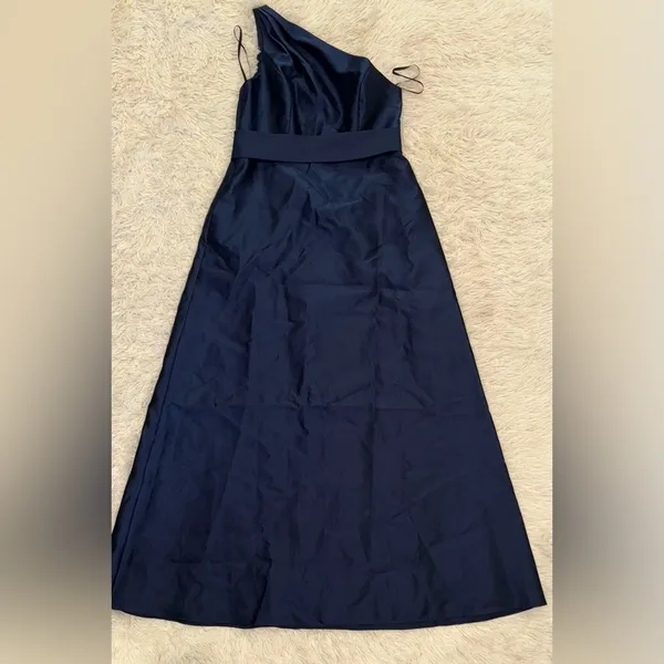 NEW ALFRED SUNG D815 DRAPED ONE-SHOULDER SATIN MAXI DRESS POCKETS NAVY sz 14 - Image 3