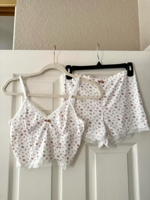 Pink Floral Lace Trim Rosette Tank & Short Set - Image 6