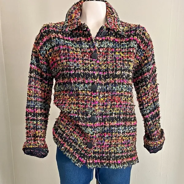 Chicos Tweed Jacket Colorful Textured Woven Blazer Preppy Chic S - Image 2