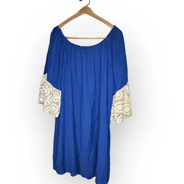 Umgee‎ Navy Shift Dress Womens XL Blue Ivory Boho Crochet Lace Sleeves - Image 3