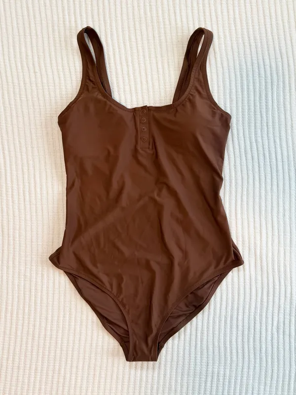 aerie Henley Full Coverage One Piece Swimsuit in Chocolate Brown NWT - Image 4