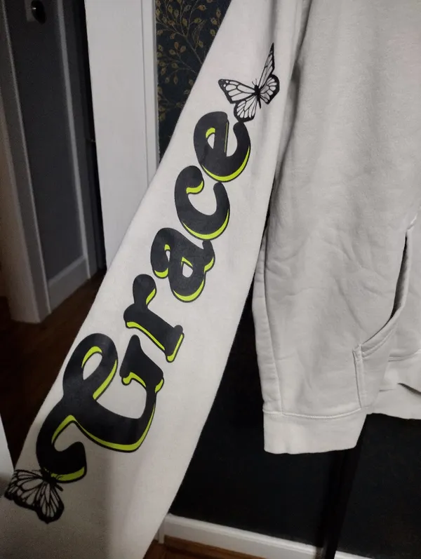 Grace Upon Grace Gray Hoodie with Neon Green Checker & Butterfly Graphic - Image 6