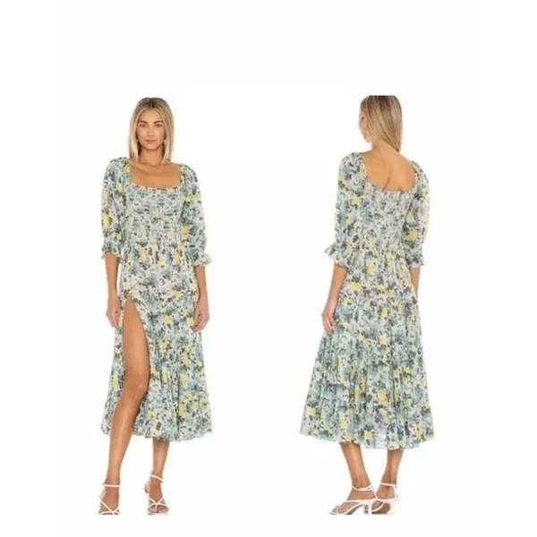 LoveShackFancy Capri Midi Dress- Size L Blue‎ Multi 3/4 Sleeves Smocked Waist - Image 3