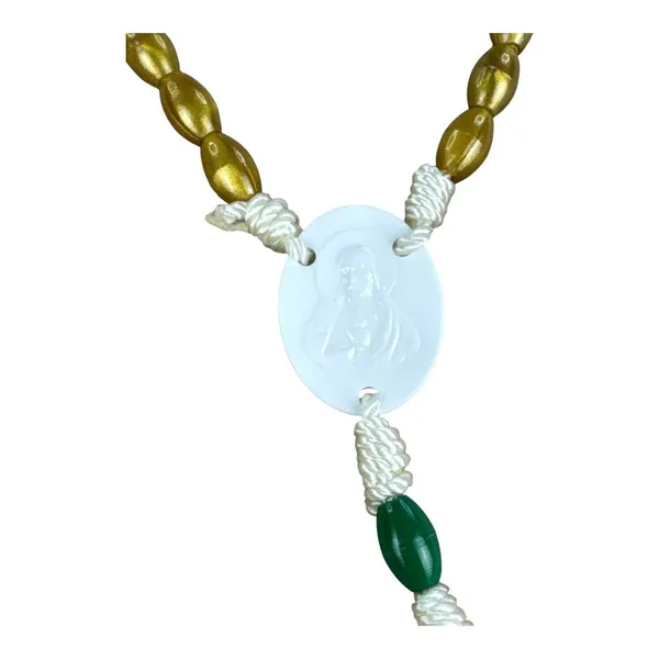 Unisex Catholic Rosary Necklace Gold Green White Plastic Beads Crucifix Pendant - Image 3