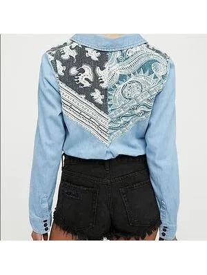 Free People XS Blue Denim Western Paisley Button-Up Shirt Pockets - Image 2