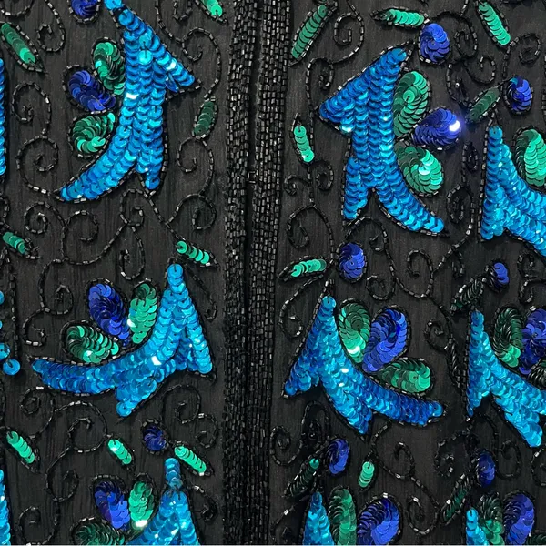VTG Laurence Kazar SEQUIN Beaded EVENING SILK‎ JACKET Women's S Blue Black. - Image 3
