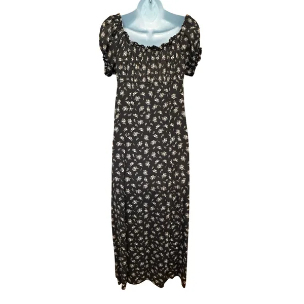 H&M Dark‎ Floral Milkmaid Puff Sleeve Maxi Dress L Ruffle Fairy Cottage Whimsigoth - Image 4