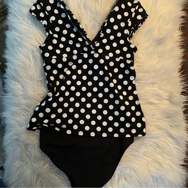 Lands End Cap Sleeve Surplice Tankini Swimsuit Black White Dots Preppy womens 2 - Image 3