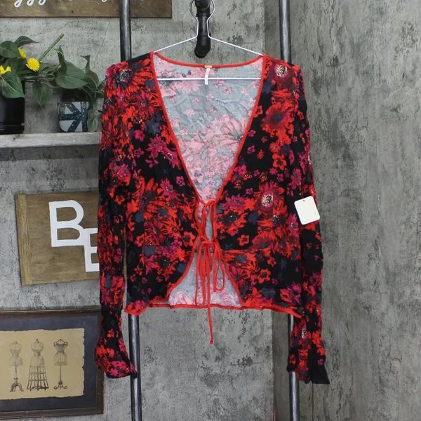 NWT Free People Venice Floral Tie Front Top OB1434186 Night Combo Red Black L - Image 2