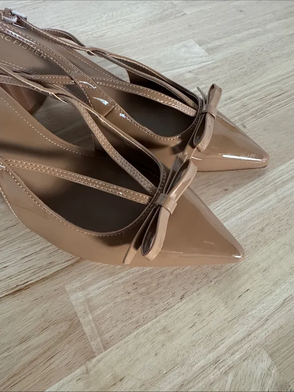 Marc Fisher Nude Patent Pointed-Toe Slingback Heels with Bow - Image 3
