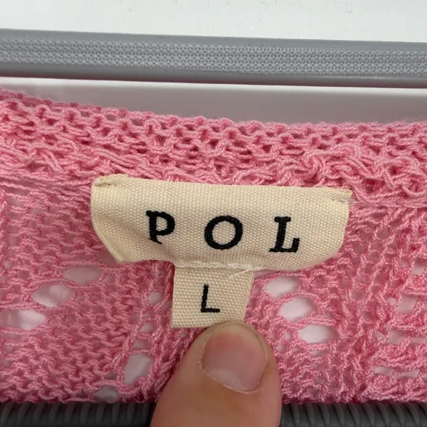 POL Pink Open Knit Cropped Oversized‎ Sweater Balloon Sleeve Crochet Pullover L - Image 4