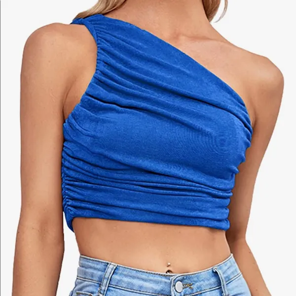 Ruched one shoulder cropped tank! Never worn, Like new! Blue - Image 2