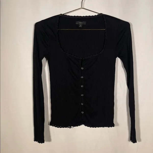 J. Crew Womens Black Square Neck Henley Shirt Top Xs Bk317 - Image 2