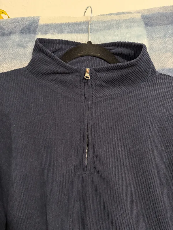 Mens Navy Blue Ribbed Quarter Zip Pullover Sweatshirt Size 2XL - Image 2