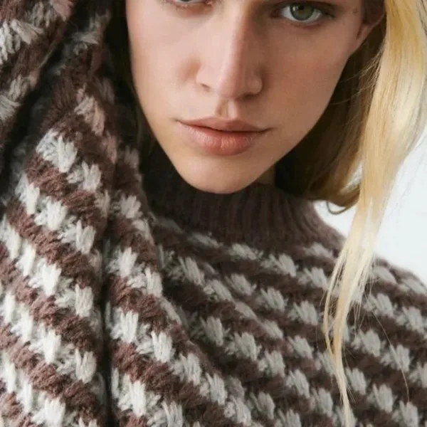 ZARA Wool Chunky Knit Oversized Sweater Brown Grey Stripes‎ Pullover Knit Small - Image 4