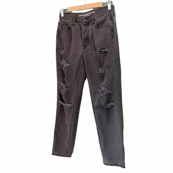 American Eagle Jeans Size 6 Black Ripped Distressed High Rise Straight Leg Y2K - Image 5