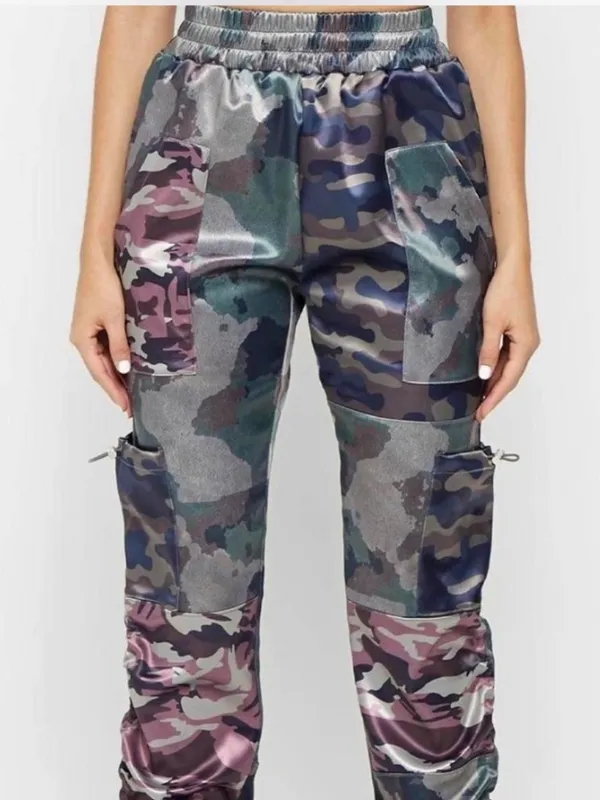 Maniere De Voir Patchwork Camo Print Cargo Drawstring Satin Jogger’s Women’s - Image 2