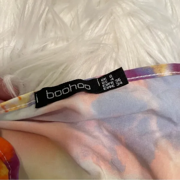 Boohoo Womens Sz 4 Halter Top Mini Dress Yellow Orange Purple Tie Dye Slit Sides - Image 11