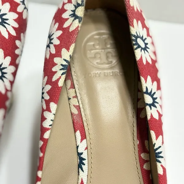 Tory Burch Dory Red Floral Canvas Peep Toe Wedge Espadrilles Size 7.5 Beachy - Image 10
