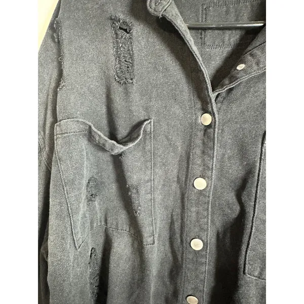 POL Washed Black‎ Distressed Denim Shacket Star Patch Frayed Hem SMT1165D Size M - Image 4