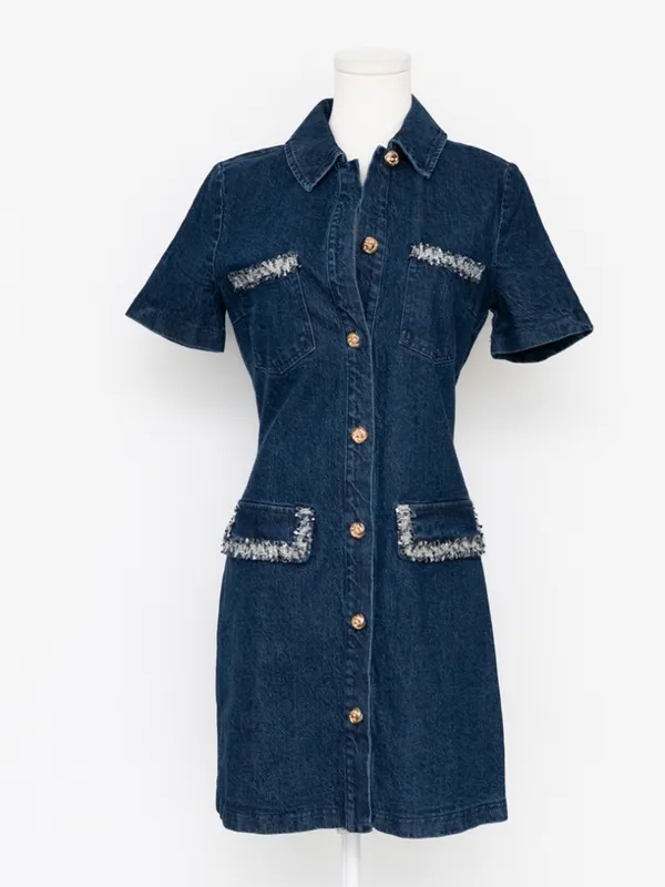 Avec Les Filles - Collared Button-Front Mini Denim‎ Dress - Image 2