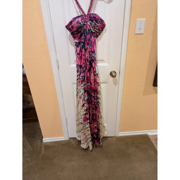 La Femme Multicolor Floral Rhinestone Embellished Halter Evening Gown EUC Sz 0 - Image 2