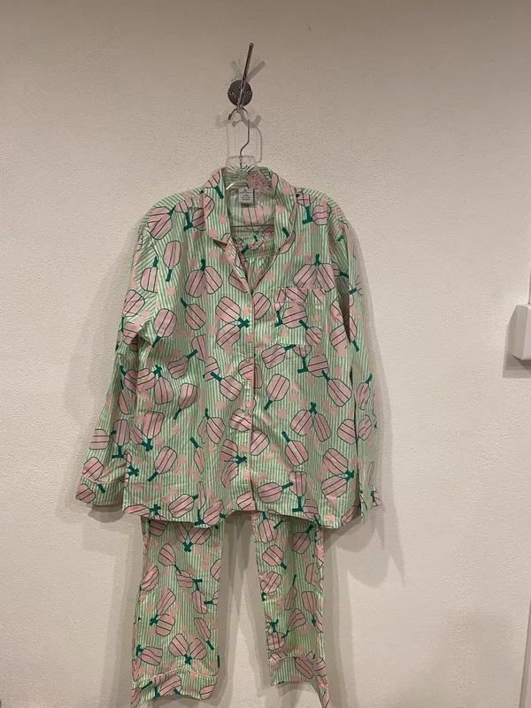 8 Oak Lane Pajama Set Womens L/XL Green Pickleball Print Button Top Pants PJs - Image 2