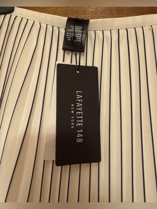 Lafayette 148 New York Off White Pleated Lined Full Length Black Pinstripe Skirt - Image 4