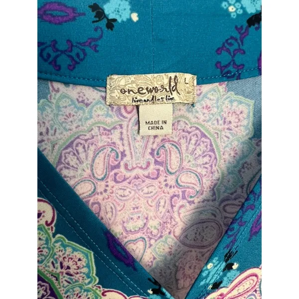 One World Wm LG Teal Paisley Sharkbite Hem Sleeveless V-Neck Midi Dress Boho - Image 2