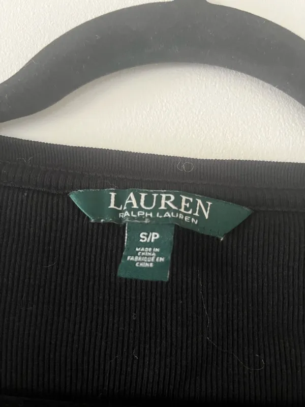 Lauren Ralph Lauren Black Ribbed Tee Small Lace Up 100% Cotton Minimalist - Image 3