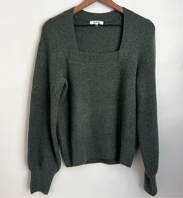 Madewell melwood Forest green ribbed knit square neck sweater Wool blend boxy S - Image 2
