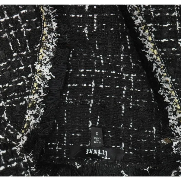 NWT Trixxi Fringe-Trim Boucle Sleeveless Faux Pocket Tweed Dress Black / White S - Image 11