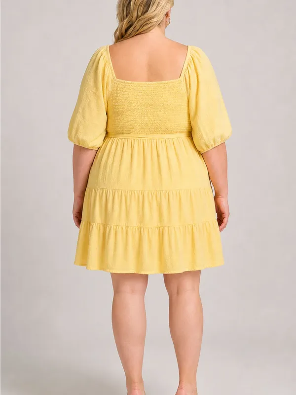Women’s Plus Size 2X Yellow Square Neck Puff Sleeve Tiered Midi Dress - Image 6