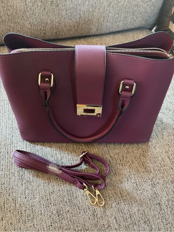 Kelly & Katie Plum Pebbled Satchel with Gold Hardware and Detachable Strap - Image 8