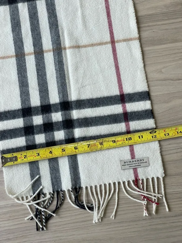 Burberry Cream Plaid Cashmere Scarf with Black and Burgundy Stripes - Image 6