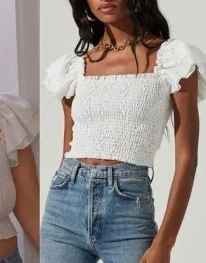 ASTR Smocked Flutter Gauze Top in White - Image 2