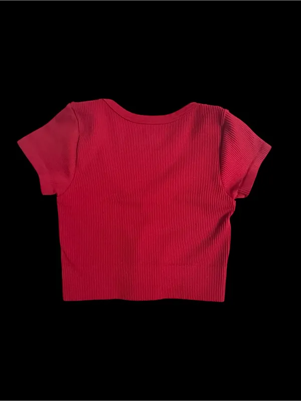 Garage Red Ribbed V-Neck Short Sleeve Crop Top - Image 2