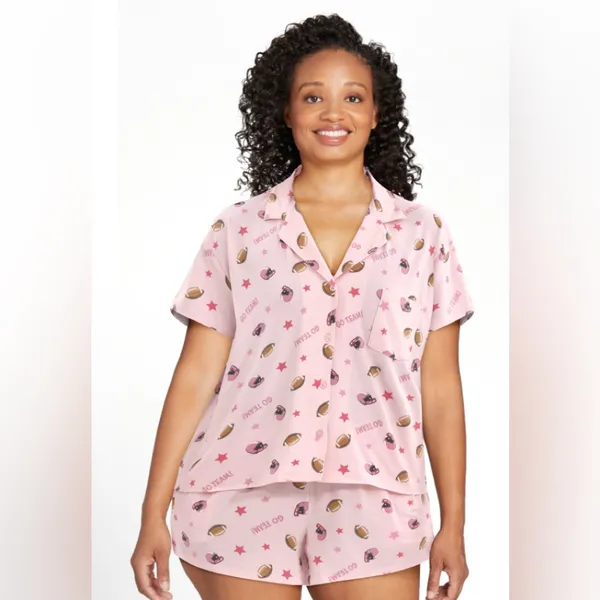 WAY TO CELEBRATE Womens PJ Shorts Set Size Medium 8-10 FOOTBALL theme Pink New - Image 3