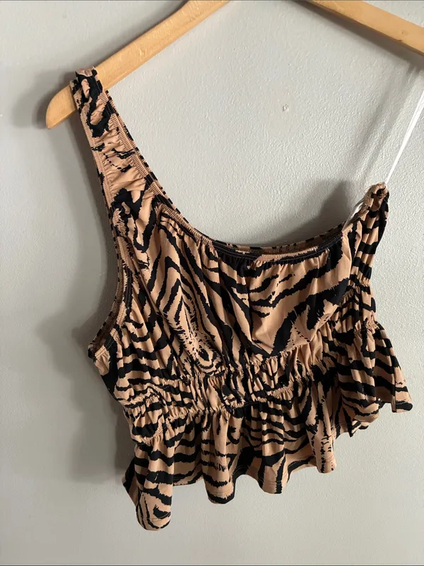 Zebra Print Ruched Peplum Tank Top Ruffle Stretch Tan Black Size Small - Image 4