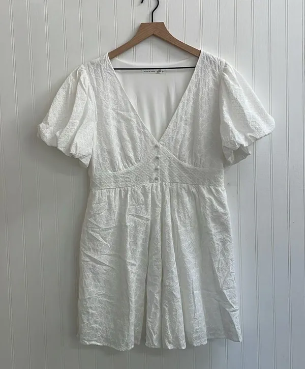 ALTAR’D STATE Briana Eyelet Puff Sleeve Sweetheart Mini Dress in White Size XL - Image 6