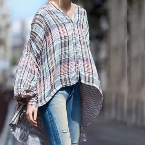 Free People Come On Over Plaid Top Oversized High Low Button‎ Front Blouse Small - Image 3